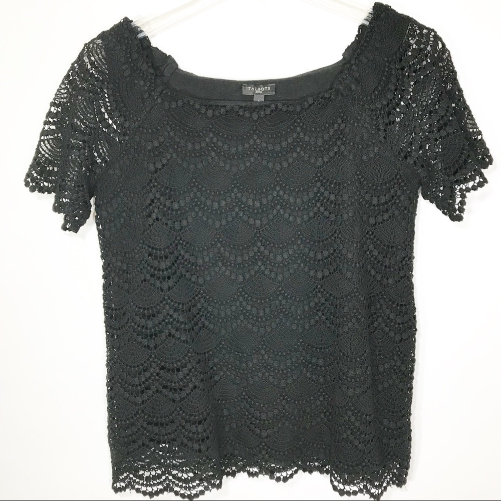 Talbots Petites Black Crochet Overlay Short Sleeve Top Size SP Scalloped Hem